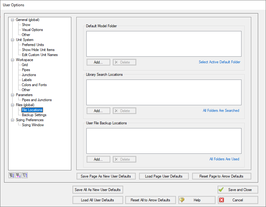 The File Locations panel in the User Options Window. The Database Search Locations can be defined here.